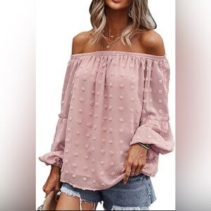 Chiffon Off The Shoulder Pom Pom Dot Lantern Sleeve S
